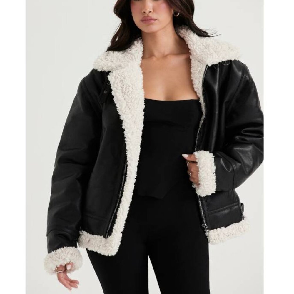 House of CB Black Faux Leather Sherpa-Trim Jacket